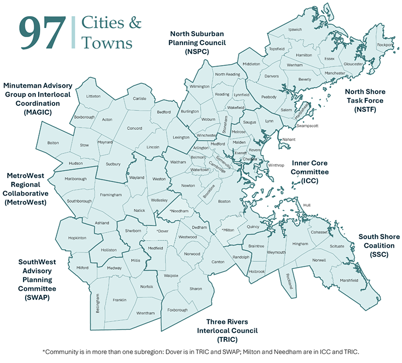 A map of the Boston Regional MPO, encompassing the wider Boston metropolitan region. The map shows municipal borders and divides the area into eight subregions: the North Shore Task Force (NSTF) encompassing communities along the shores to the Northeast of Boston, the North Suburban Planning Council (NSPC), a band of communities directly north of Boston, the Minuteman Advisory Group on Interlocal Coordination (MAGIC), communities stretching to the northwest from Lexington to Acton, the MetroWest Regional Collaborative (MetroWest), communities to the immediate west of Boston, the SouthWest Advisory Planning Committee (SWAP), a group of communities to the far southwest of Boston, the Three Rivers Interlocal Council (TRIC), communities to the south of Boston centered on Norwood, the South Shore Coalition (SSC), the coastal communities southeast of Boston, and the Inner Core Committee (ICC), encompassing the city Boston and its immediate neighbors.